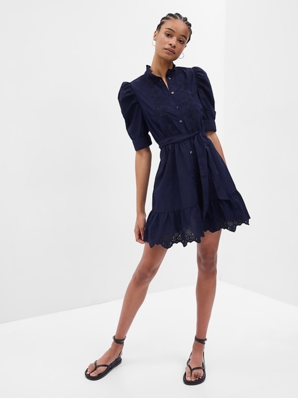 Gap Puff Sleeve Mini Eyelet Dress Navy Blue Size Small